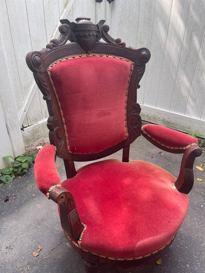 Customizable Renaissance Revival Walnut Armchair with Matching Ottoman