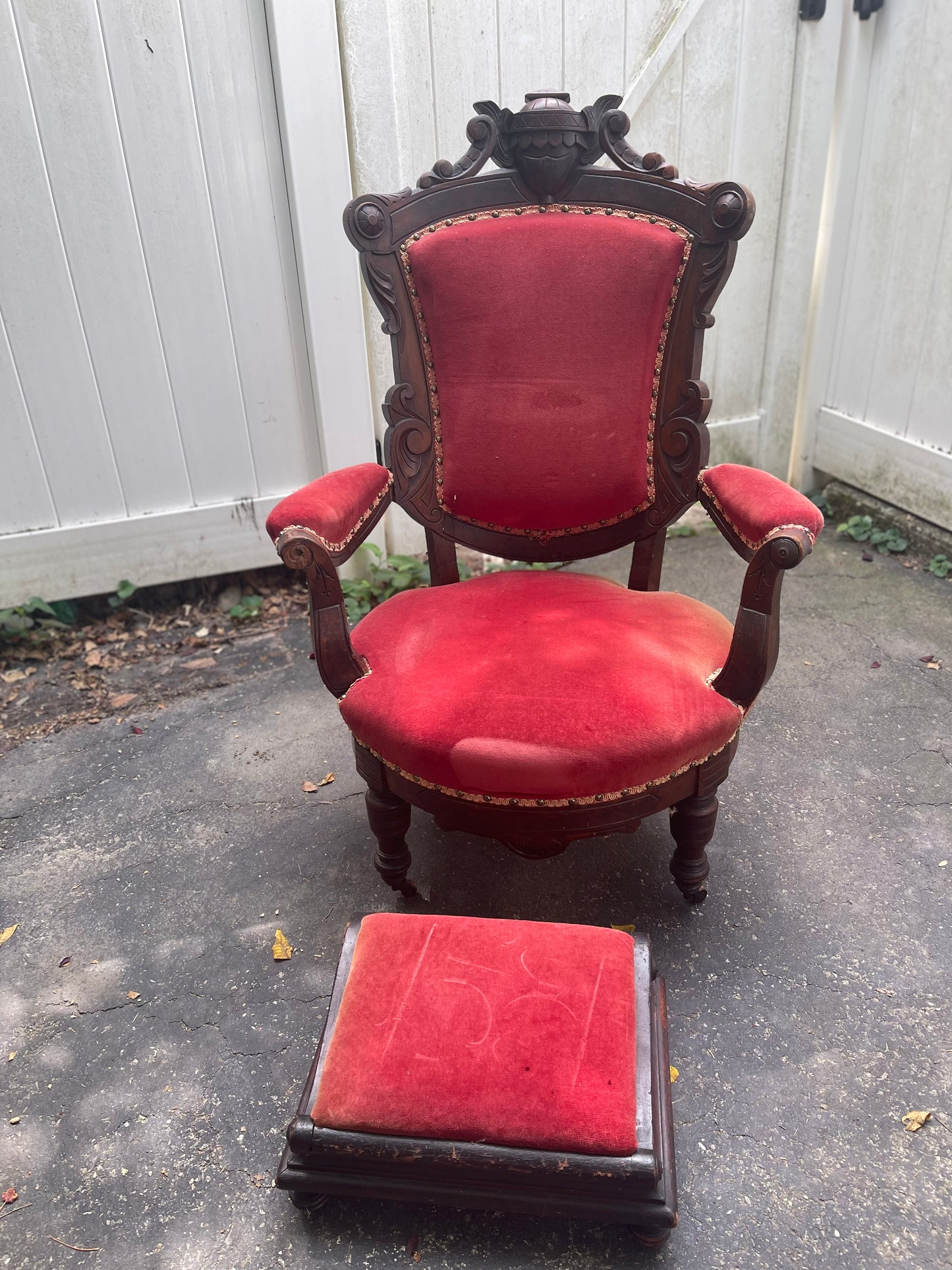 Customizable Renaissance Revival Walnut Armchair with Matching Ottoman