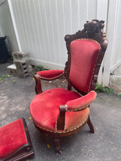 Customizable Renaissance Revival Walnut Armchair with Matching Ottoman