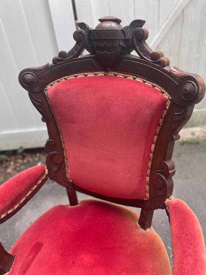 Customizable Renaissance Revival Walnut Armchair with Matching Ottoman