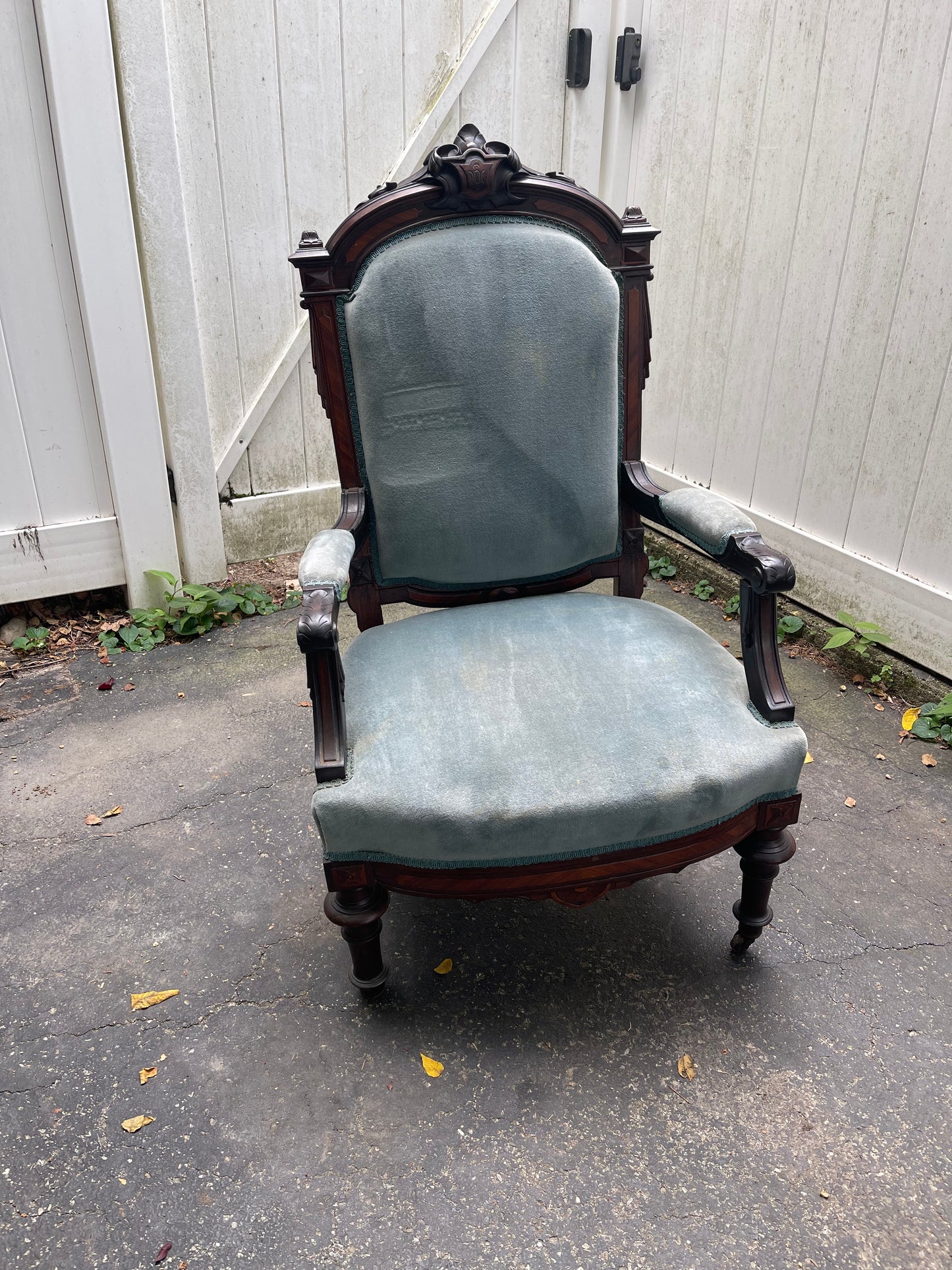 Customizable Antique Victorian High-Back Armchair on Casters