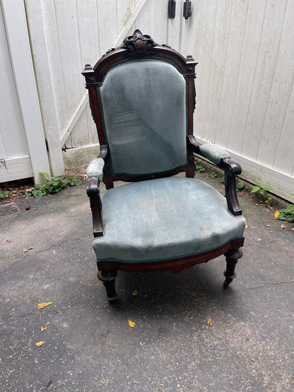 Customizable Antique Victorian High-Back Armchair on Casters