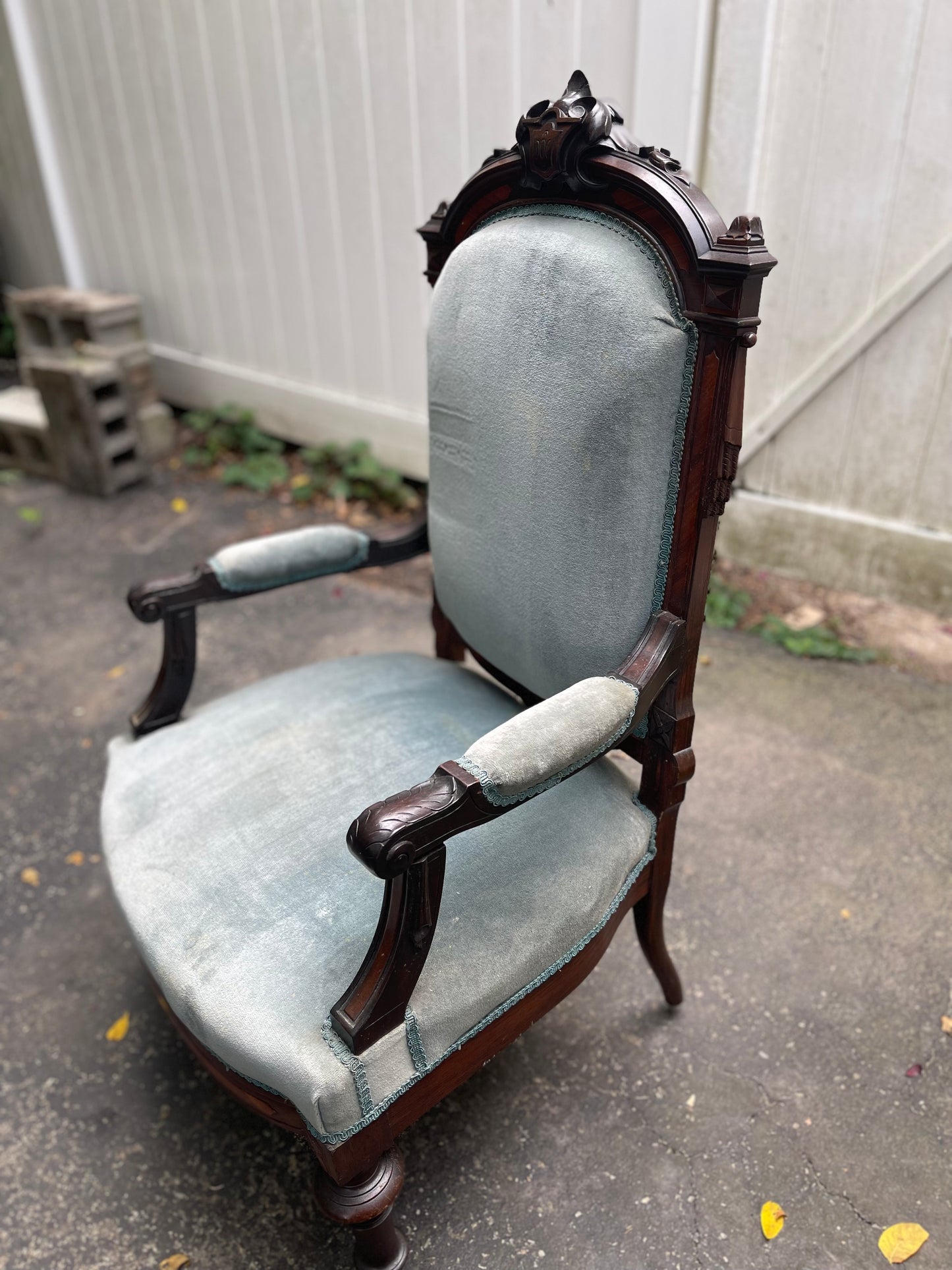Customizable Antique Victorian High-Back Armchair on Casters
