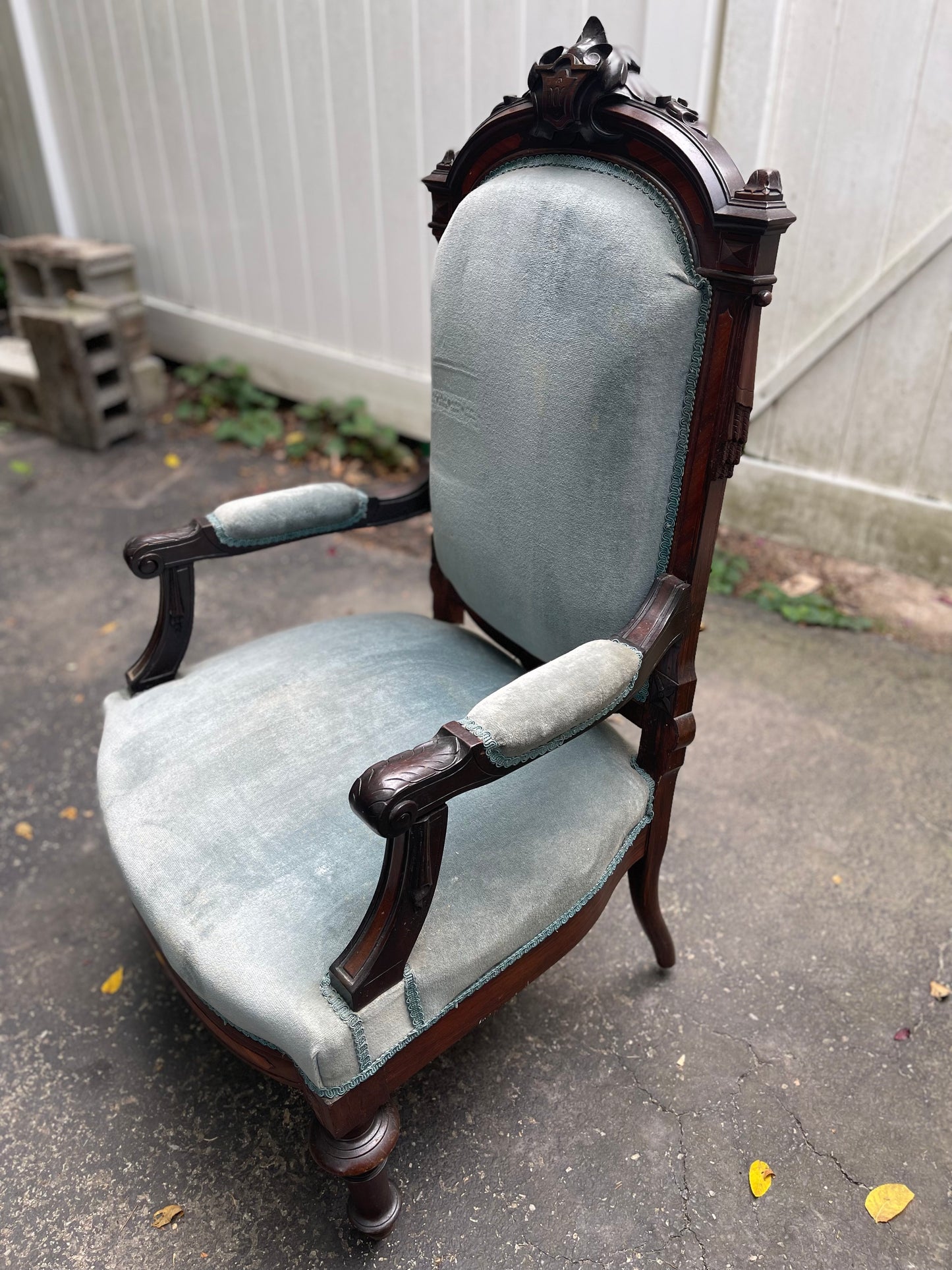 Customizable Antique Victorian High-Back Armchair on Casters
