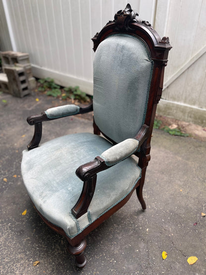 Customizable Antique Victorian High-Back Armchair on Casters