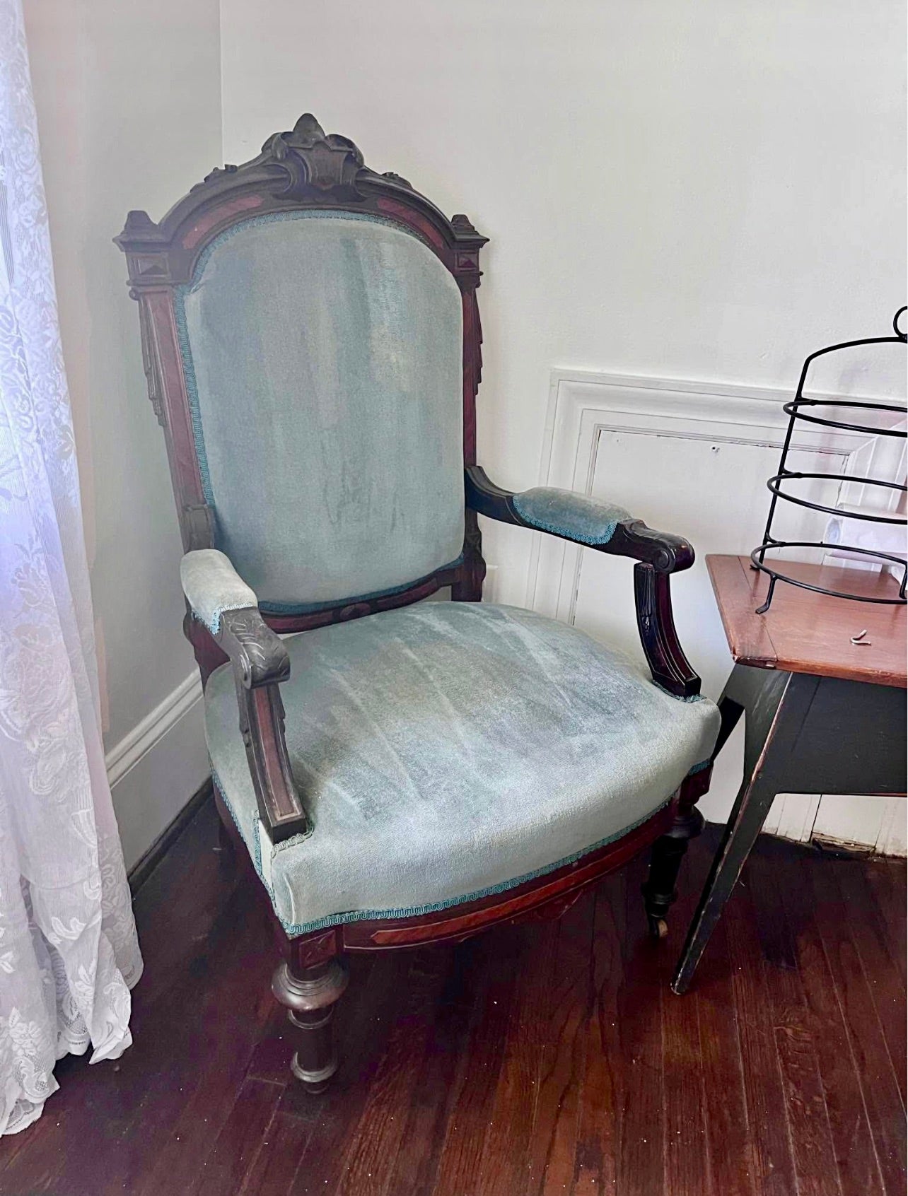 Customizable Antique Victorian High-Back Armchair on Casters