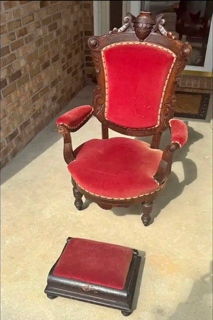 Customizable Renaissance Revival Walnut Armchair with Matching Ottoman