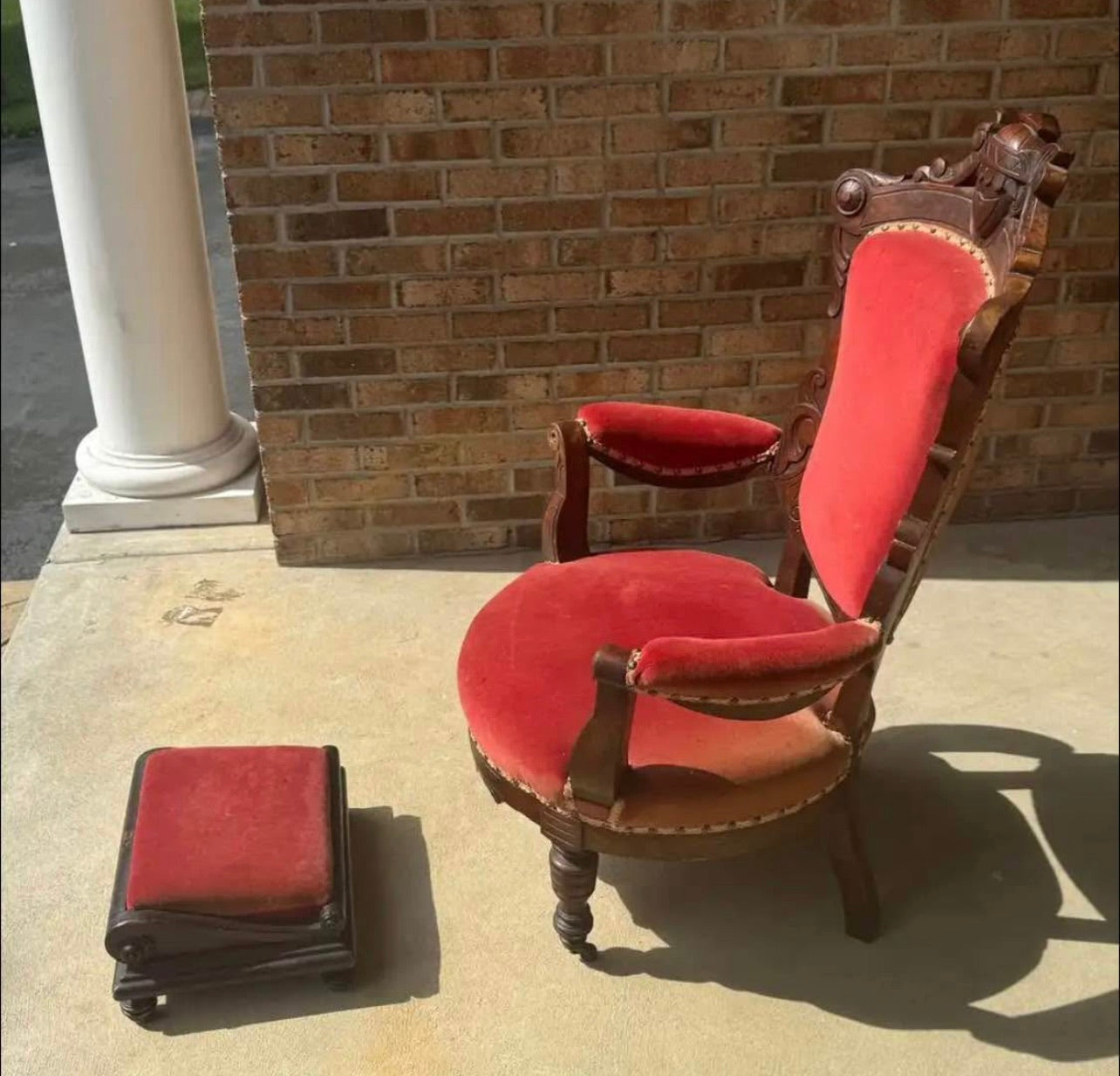 Customizable Renaissance Revival Walnut Armchair with Matching Ottoman