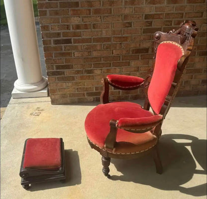 Customizable Renaissance Revival Walnut Armchair with Matching Ottoman