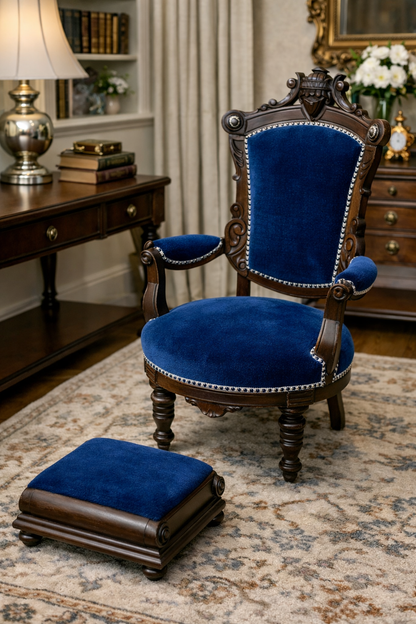 Customizable Renaissance Revival Walnut Armchair with Matching Ottoman