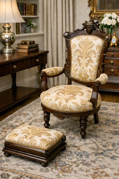 Customizable Renaissance Revival Walnut Armchair with Matching Ottoman