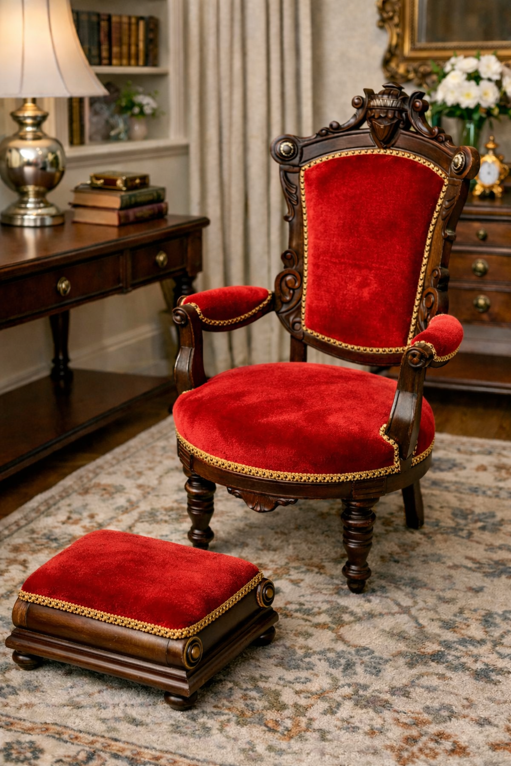Customizable Renaissance Revival Walnut Armchair with Matching Ottoman