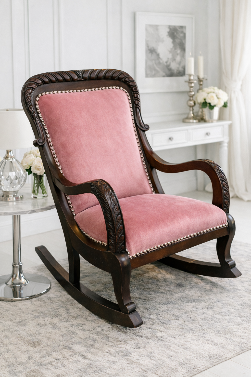 Customizable Vintage Carved Wood Rocking Chair