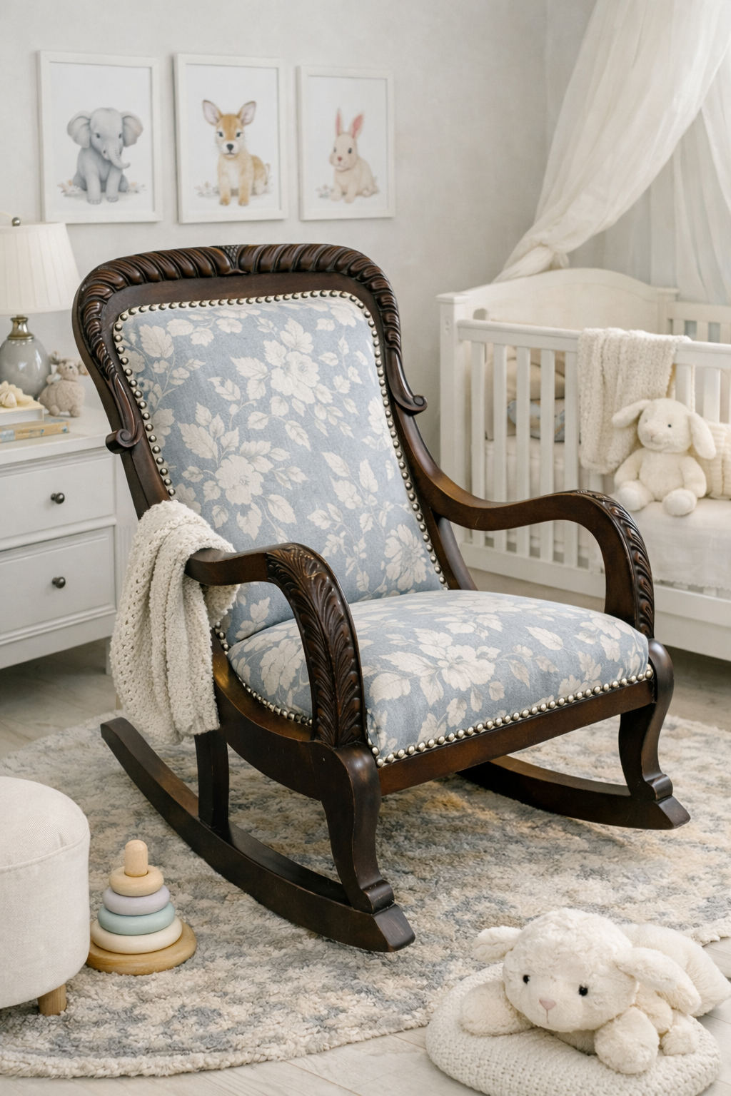 Customizable Vintage Carved Wood Rocking Chair