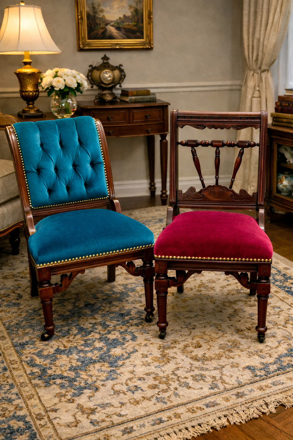 Customizable Coordinated Pair of Late Victorian Parlor Chairs
