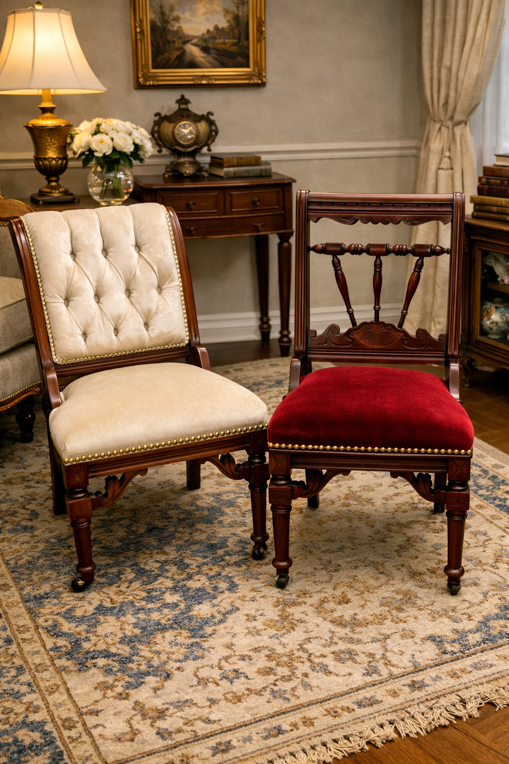 Customizable Coordinated Pair of Late Victorian Parlor Chairs