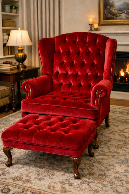 Customizable Vintage Tufted Wingback Chair with Ottoman