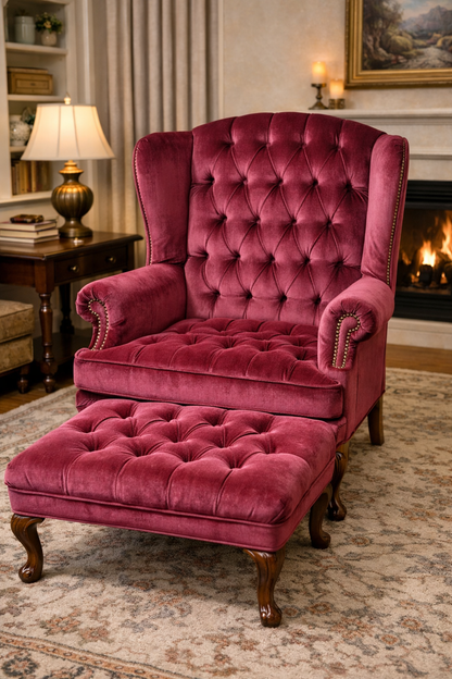 Customizable Vintage Tufted Wingback Chair with Ottoman