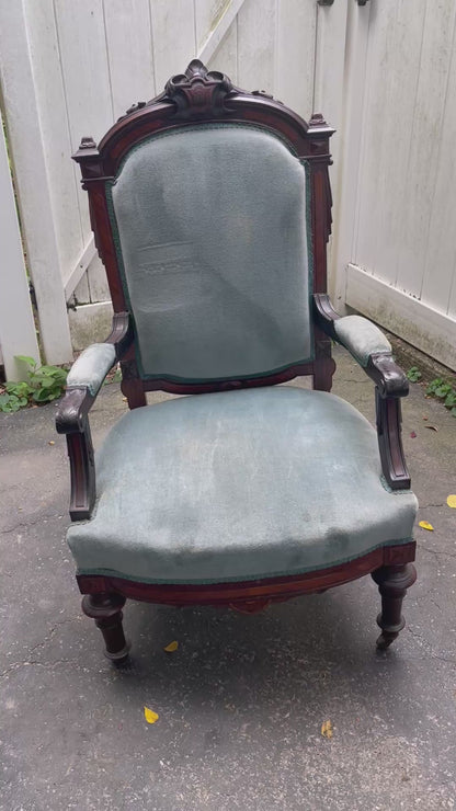Customizable Antique Victorian High-Back Armchair on Casters